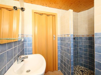 a bathroom with blue and white tile walls , a wooden door , and a sink on the left side at Joli Joli Photo