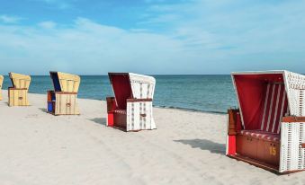 a row of beach chairs is set up on a sandy beach , with the ocean in the background at Best Western Hotel Jurata