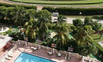 a beautiful swimming pool area with palm trees and surrounding greenery , including a racecourse and green grass at Stadium Hotel