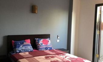 a bedroom with a large bed , red and blue pillows , and an air conditioner on the wall at Sunset View Apartments