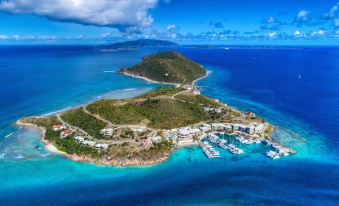 a bird 's eye view of a tropical island with a marina and surrounding waters in the background at Scrub Island Resort, Spa & Marina