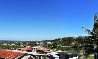 a view of a city from a high vantage point , with houses and trees in the background at Lucina's