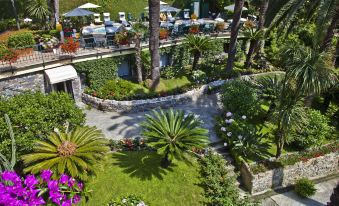 a bird 's eye view of a garden with palm trees , flowers , and a stone path at Hotel Metropole