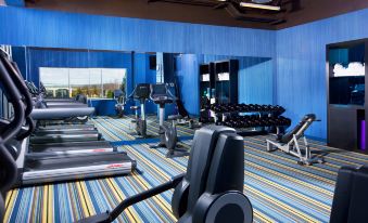 a well - equipped gym with various exercise equipment , including treadmills and weight machines , on a blue striped floor at Aloft Mount Laurel