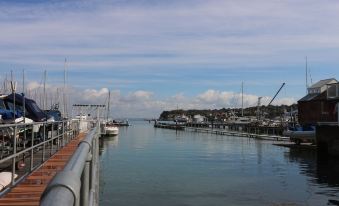 a dock with several boats docked along the water , creating a picturesque scene on a sunny day at Levante