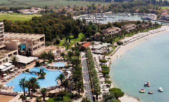 aerial view of a resort with a large pool surrounded by grass , trees , and a beach at Sani Beach