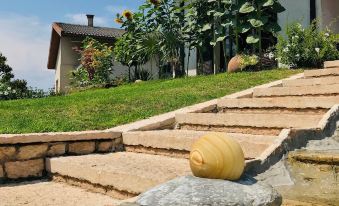 a stone staircase leading up to a house , with a yellow bird on the edge of the steps at Nest