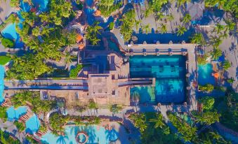 an aerial view of a resort with a large pool surrounded by palm trees and buildings at The Royal at Atlantis