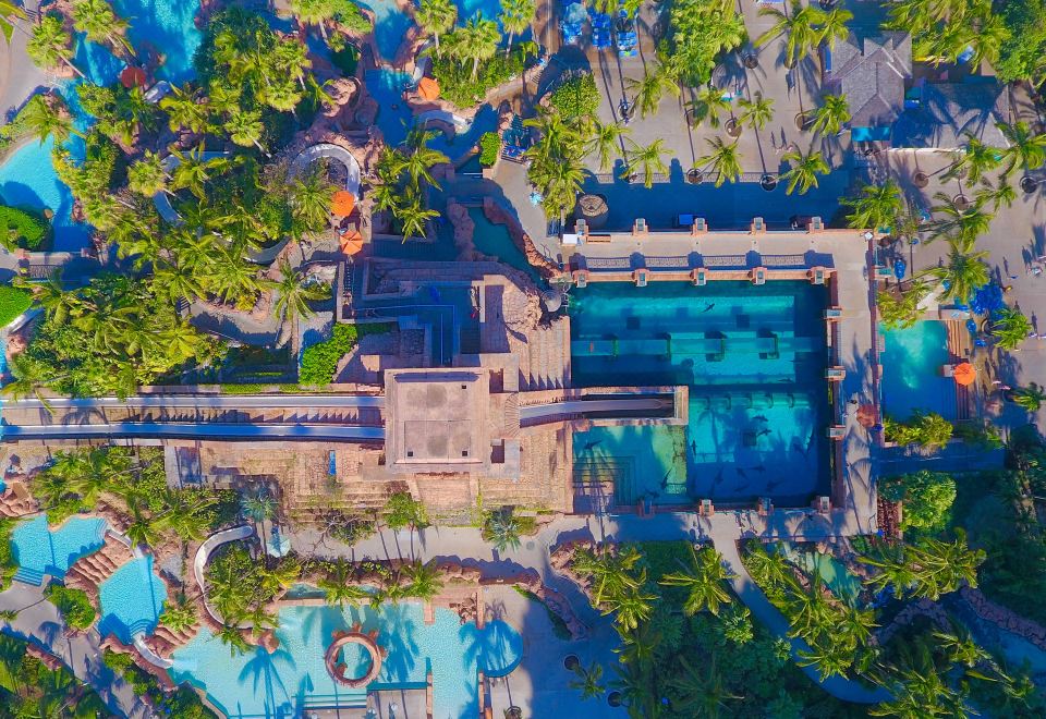 an aerial view of a resort with a large pool surrounded by palm trees and buildings at The Royal at Atlantis