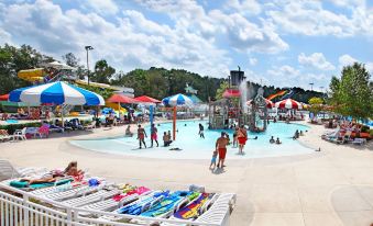 a group of people enjoying a water park , with various water slides and attractions in the background at Holiday Inn Statesboro-University Area