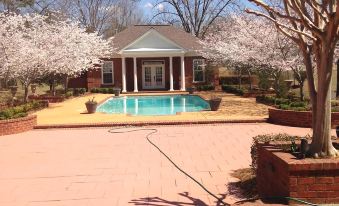 a house with a swimming pool and cherry blossom trees in front of it , creating a picturesque scene at Concord Inn