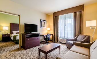 a well - furnished hotel room with a couch , television , and window , along with other amenities such as a bed , desk , and other at Cobblestone Hotel & Suites - Erie