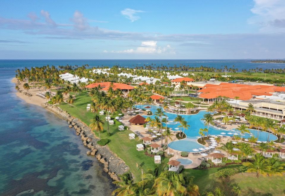 a bird 's eye view of a resort with a pool , surrounded by palm trees and a beach at Hyatt Regency Grand Reserve Puerto Rico