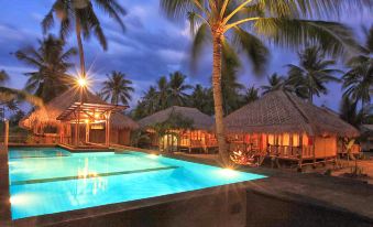 a resort with a large pool surrounded by palm trees , creating a tropical atmosphere at night at Rinjani Beach Eco Resort