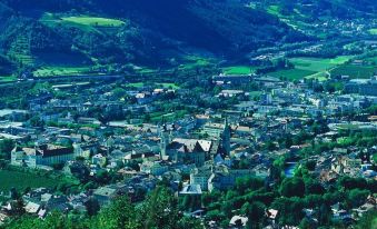 a small town nestled in a valley with mountains in the background , surrounded by lush greenery at Hotel Gruner Baum