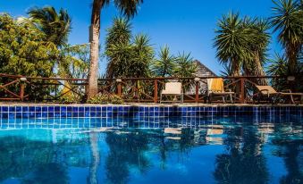 a beautiful swimming pool with blue tiles , surrounded by palm trees and lush greenery , under a clear blue sky at Harmony Hall